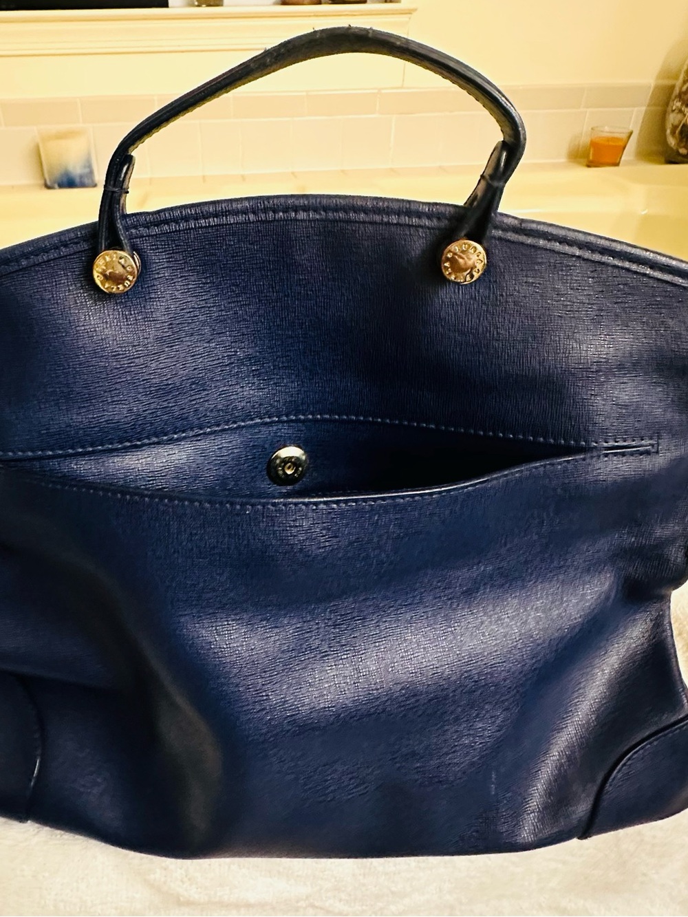 Furla Navy Leather Satchel with Gold Accents